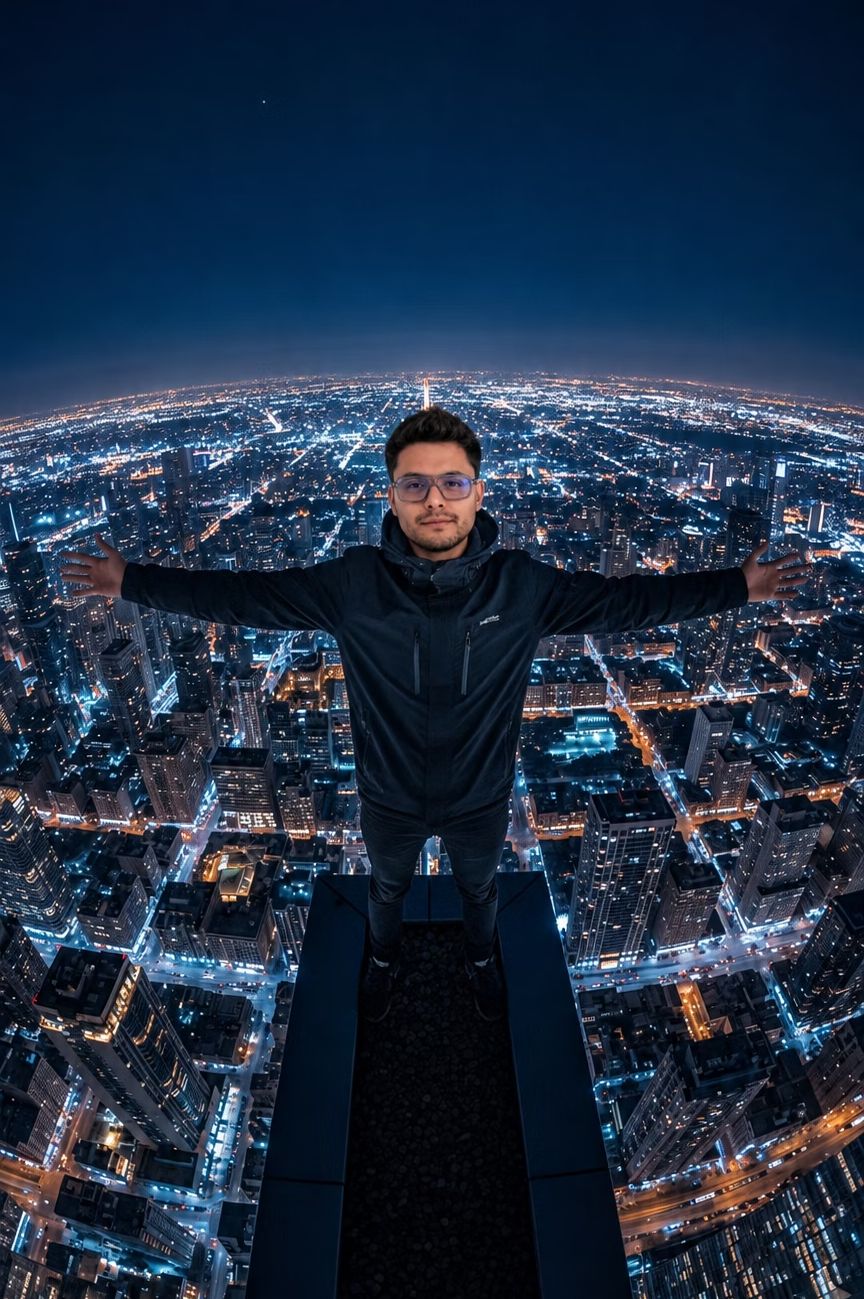 Profesional de tecnología sobre una ciudad iluminada